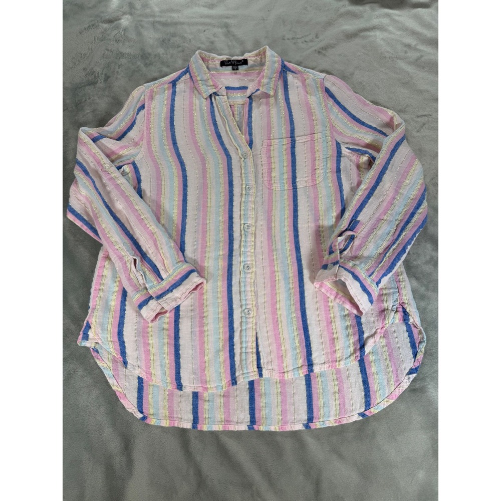 Velvet Heart Women's‎ Long Sleeve Pink Gold Metallic Striped Linen Small Top